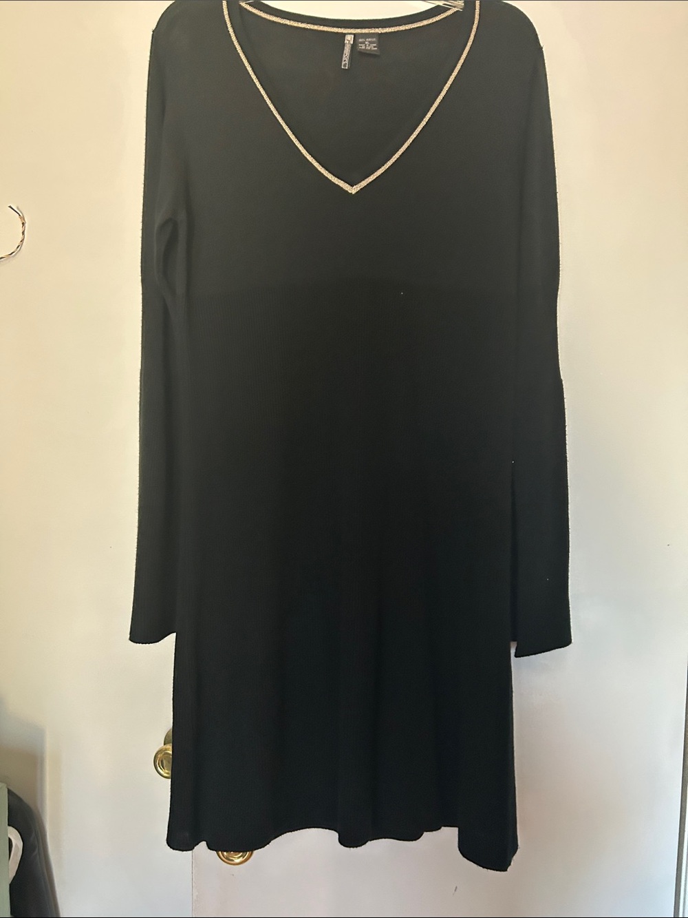 Passport Black Long-Sleeve V-Neck Dress with Metallic Trim